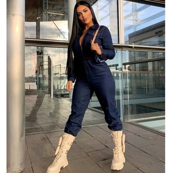 Long Sleeve Denim Jeans Loose Fit Utility Boiler Jumpsuit Playsuit - Picture 7 of 8